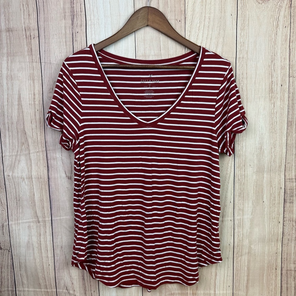American Eagle Outfitters Burgundy and White Striped V-Neck Tee